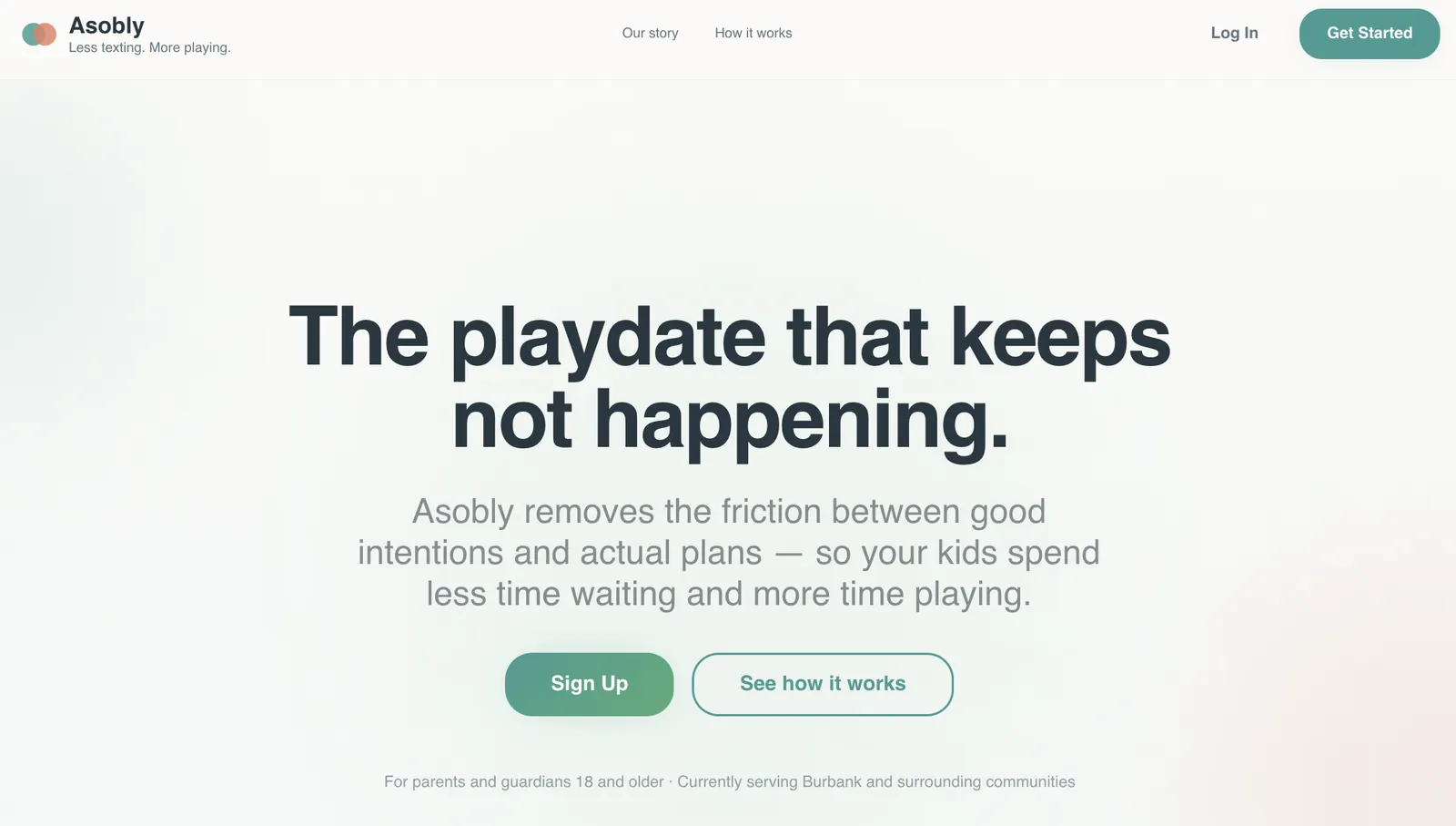 Asobly homepage for organizing playdates