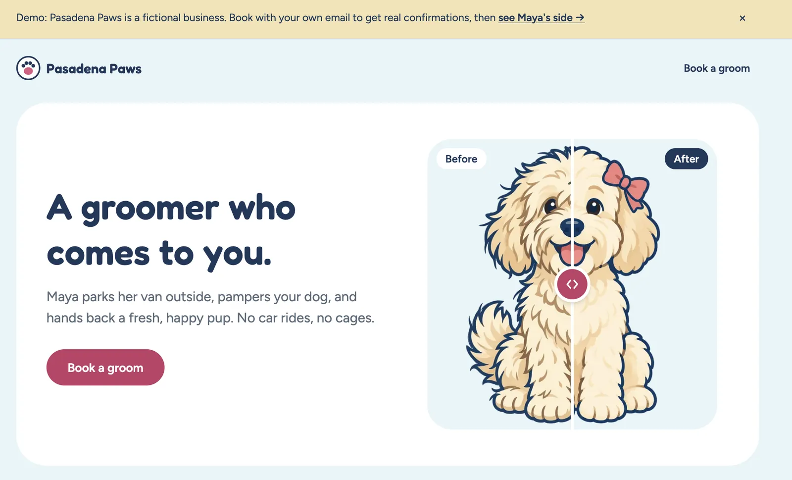 RuffRoute demo landing page for a fictional mobile dog grooming business