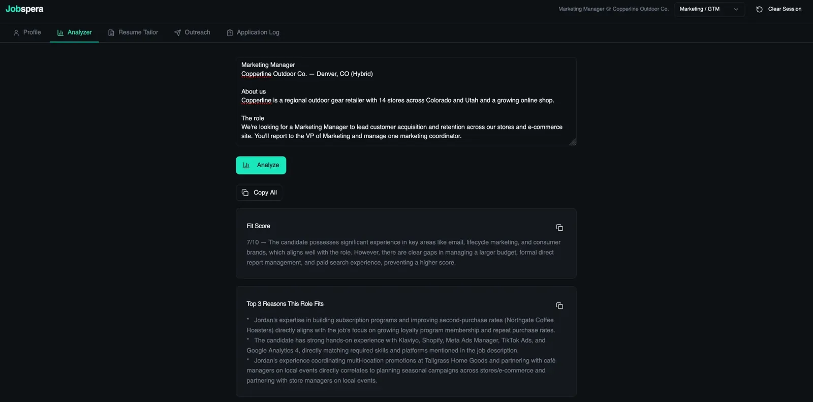 Jobspera analyzer screen scoring a marketing manager job description against a candidate profile