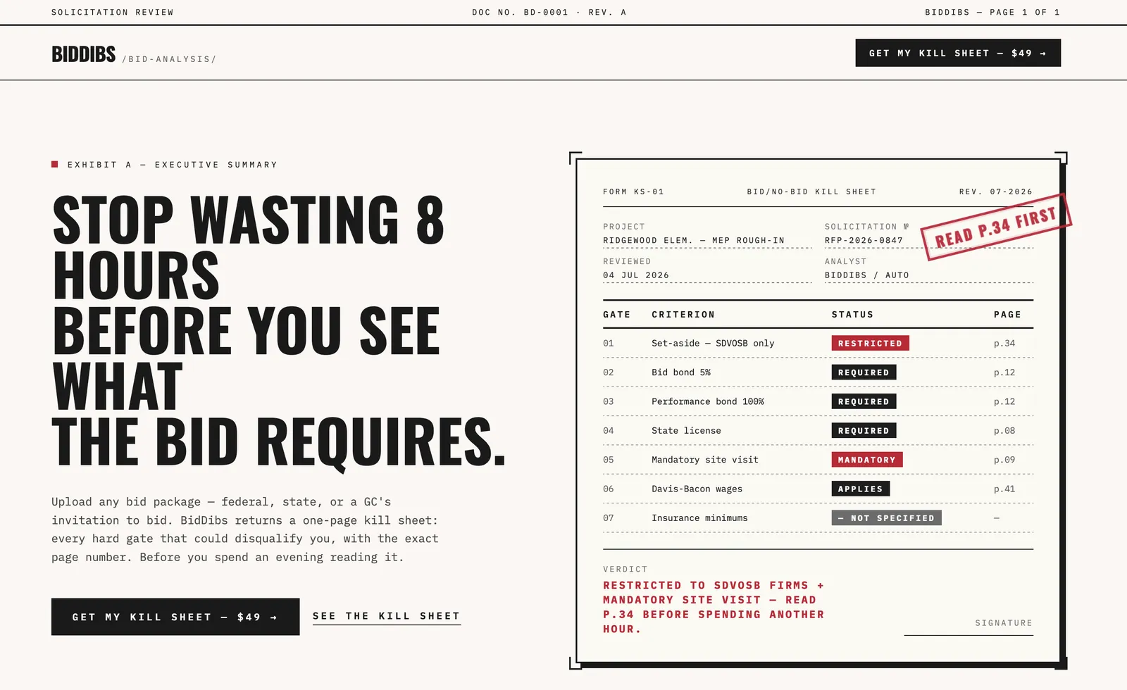 BidDibs homepage showing a bid/no-bid kill sheet with requirements and page numbers